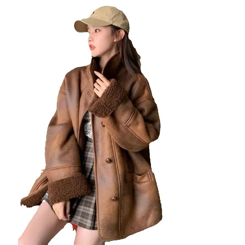 

Осень-зима, утепленное пальто из овечьей шерсти средней длины, женское пальто, новинка 2025, модная свободная повседневная теплая хлопковая куртка, верхняя одежда, женская