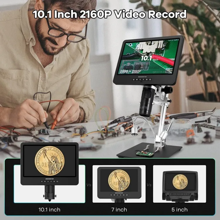 AD249S-M 10.1 Inch HDMI Digital Coin Microscope 2000x for Adults, 3 Lens 2160P UHD Video Record