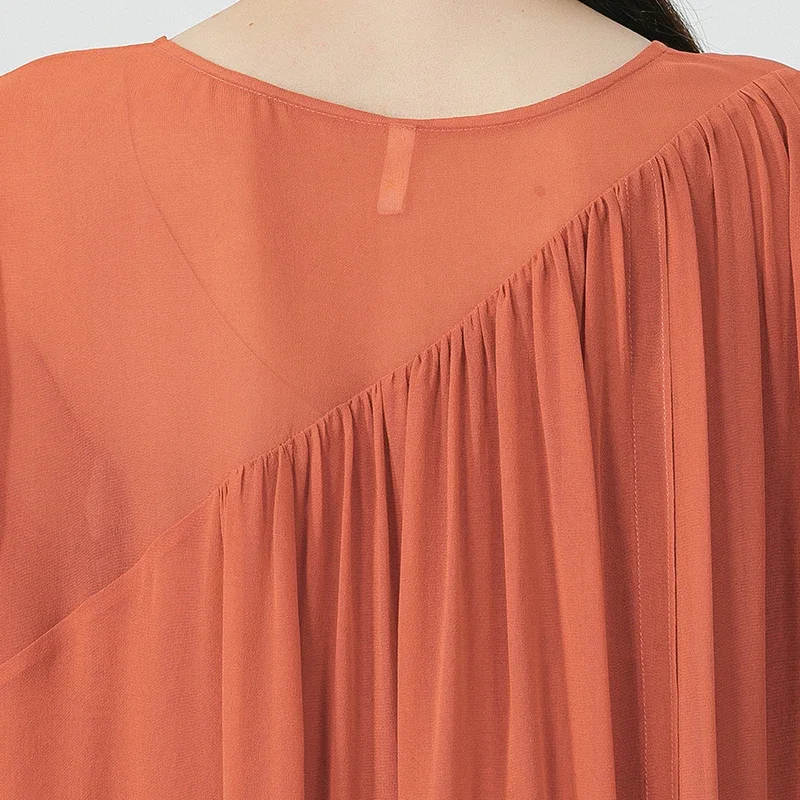 Voa tomate vermelho dupla camada georgette vestidos de seda amoreira o pescoço lanterna mangas compridas solto doce seda midi vestido ae1707