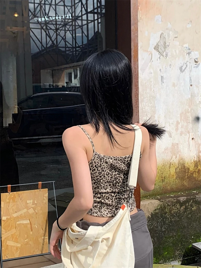 Benuynffy American Retro Leopard Print Cami Top Women Summer Sexy Contrast Lace Sleeveless Y2k Street Crop Top Female Camis