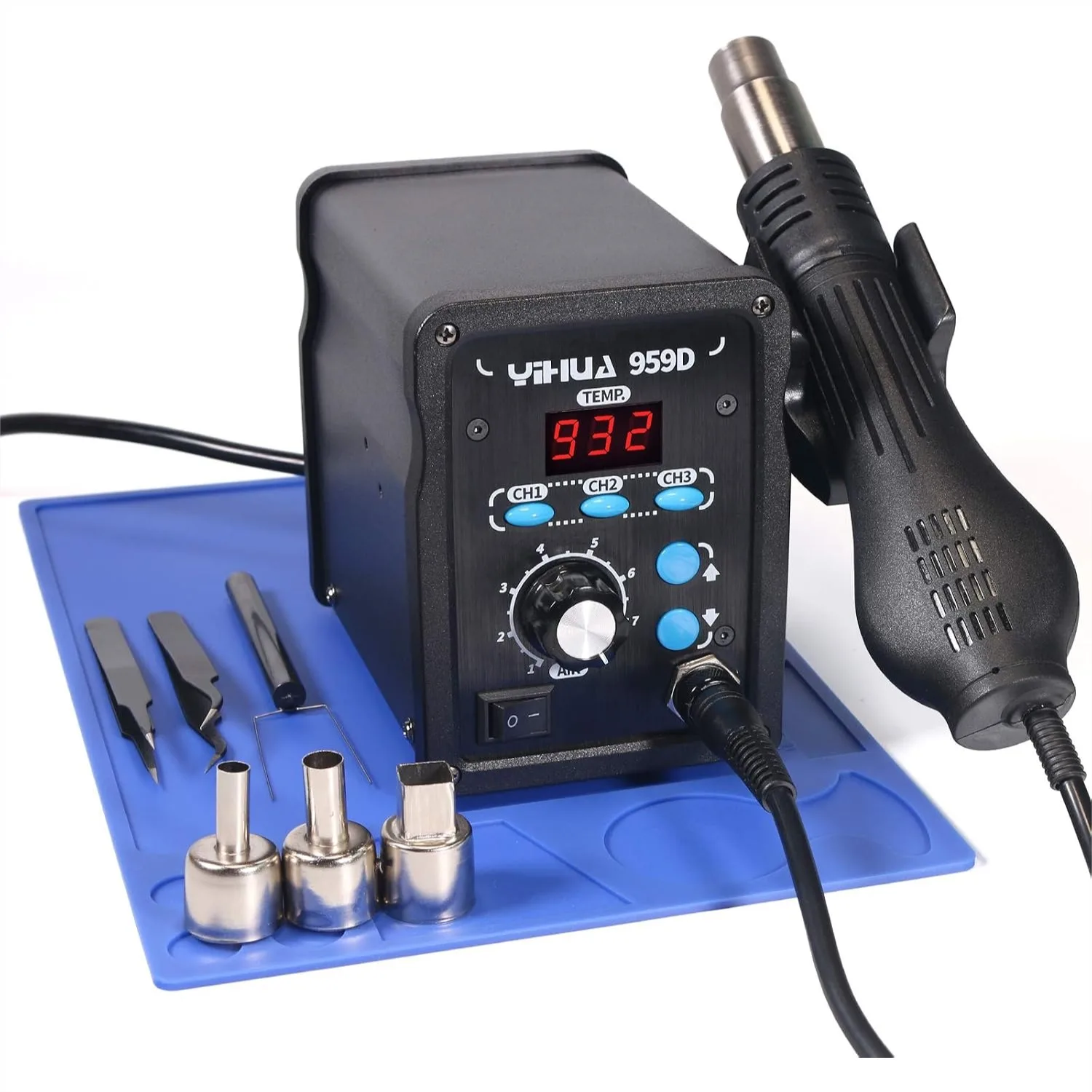 

Digital Hot Air Rework Station 120L High Power with 3 Preset Channels, °F/°C Display, Brushed Aluminum Panel, Accurate Temp