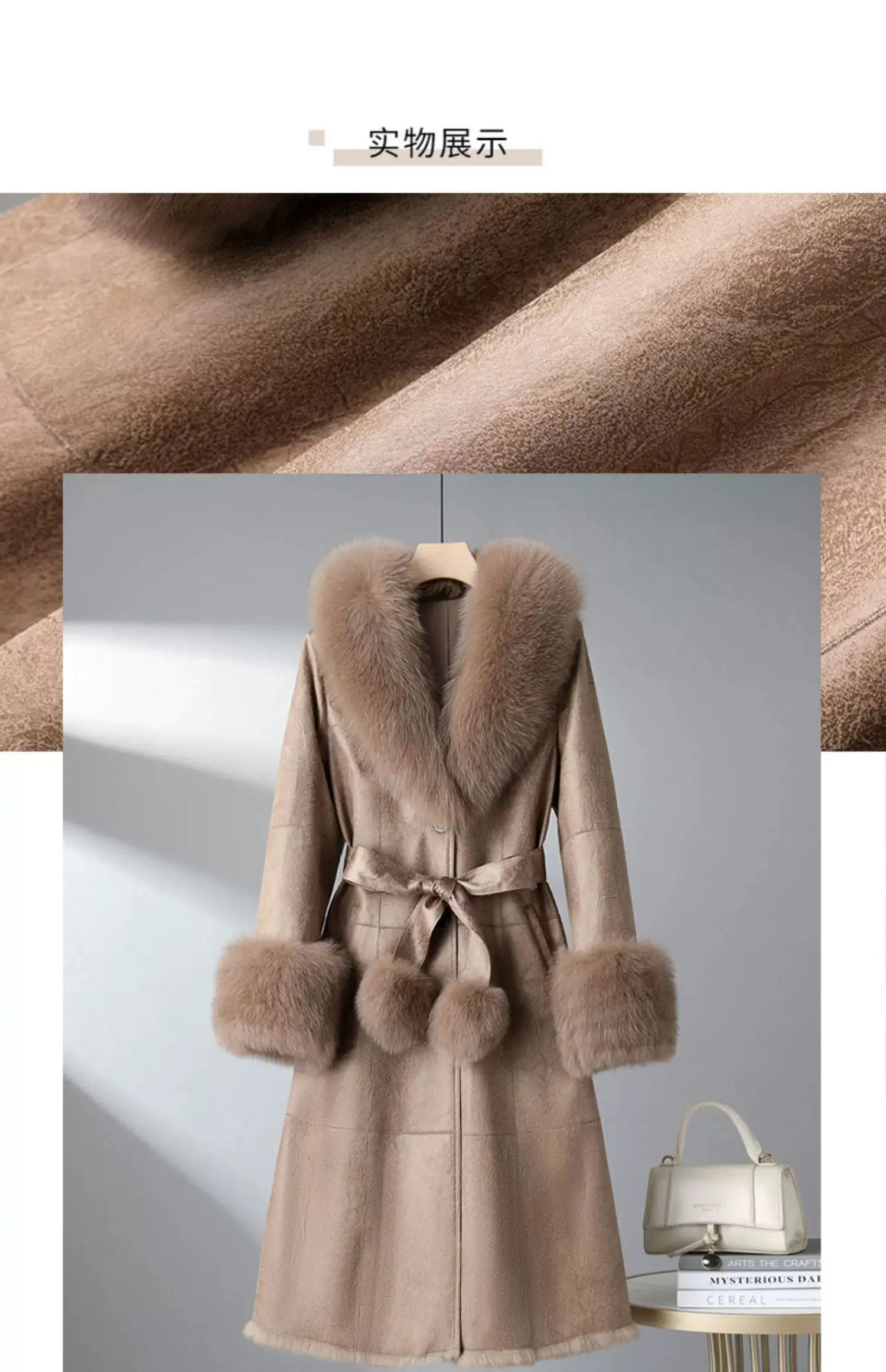 2023 New Rabbit Fur One Piece Coat for Women Mid length Fox Fur Collar Lace up Slim Fit Haining Fur Coat for Women
