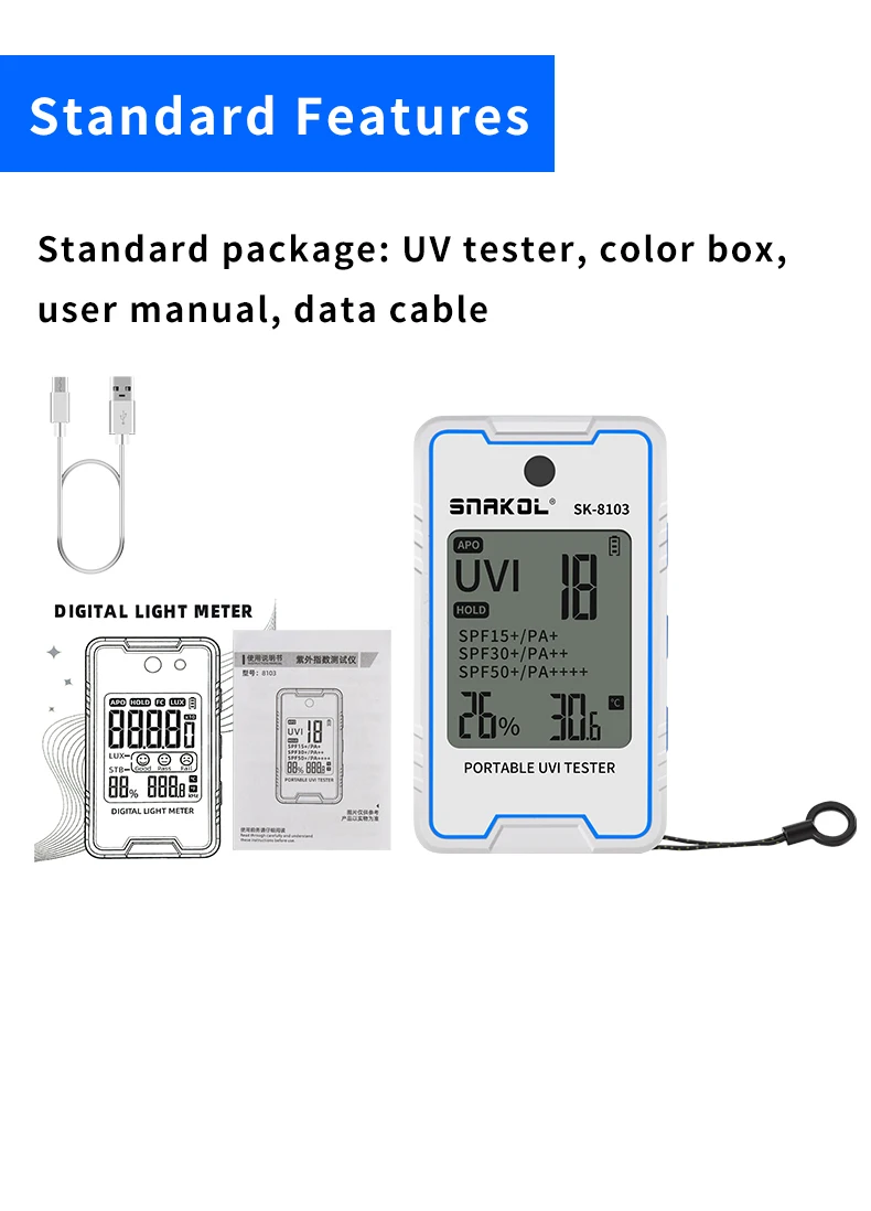 SNAKOL SK-8103 Digital UV Illuminometer Professional UV Light Meter Portable UV Tester Ultraviolet with Temp Humidity Display