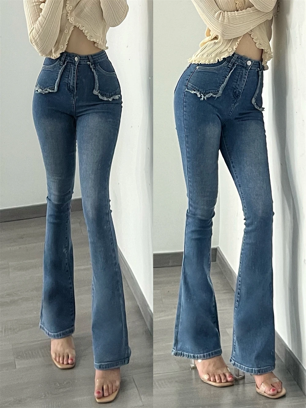 Micro Flared Jeans azul profundo para mulheres, calça de cintura alta, nádegas elevatórias, perna reta, design sense, primavera e verão, novo, 839 €