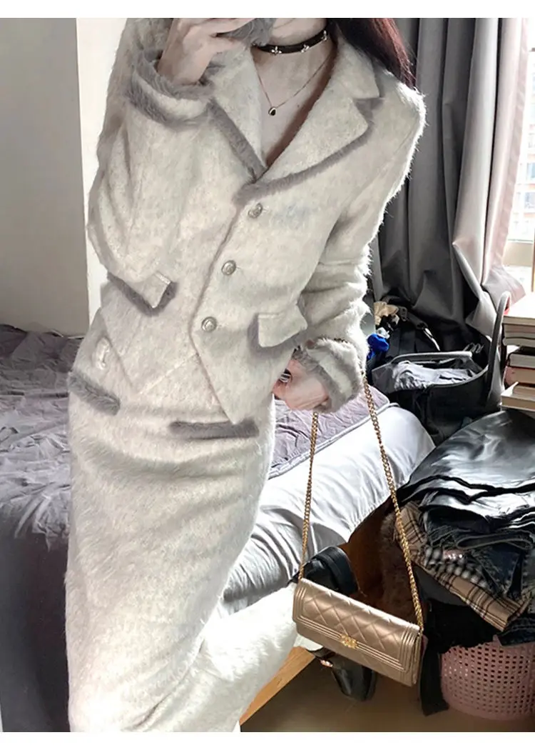 Korea Women's Contrast Color Hook Edge Suit Jacket Hip Skirt Suit Retro Waist Woolen Blazer Overskirt Two-piece Sets