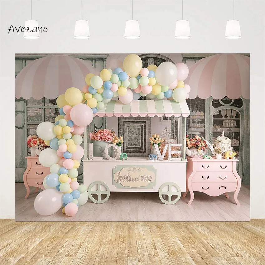 

Avezano Sweet and More Bar Photography Background Flower Balloon Girl Birthday Portrait Backdrop Photo Studio Decor Photozone