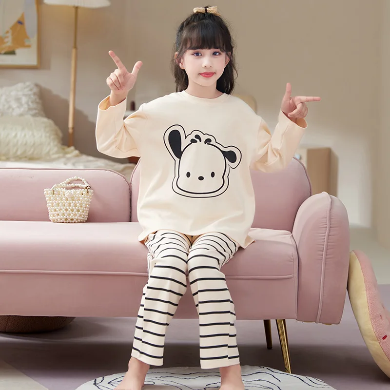 Sanrio-Pijama de algodón puro de Hello Kitty para niños, conjunto de ropa de estar por casa con dibujos animados de oso de fresa, novedad de otoño