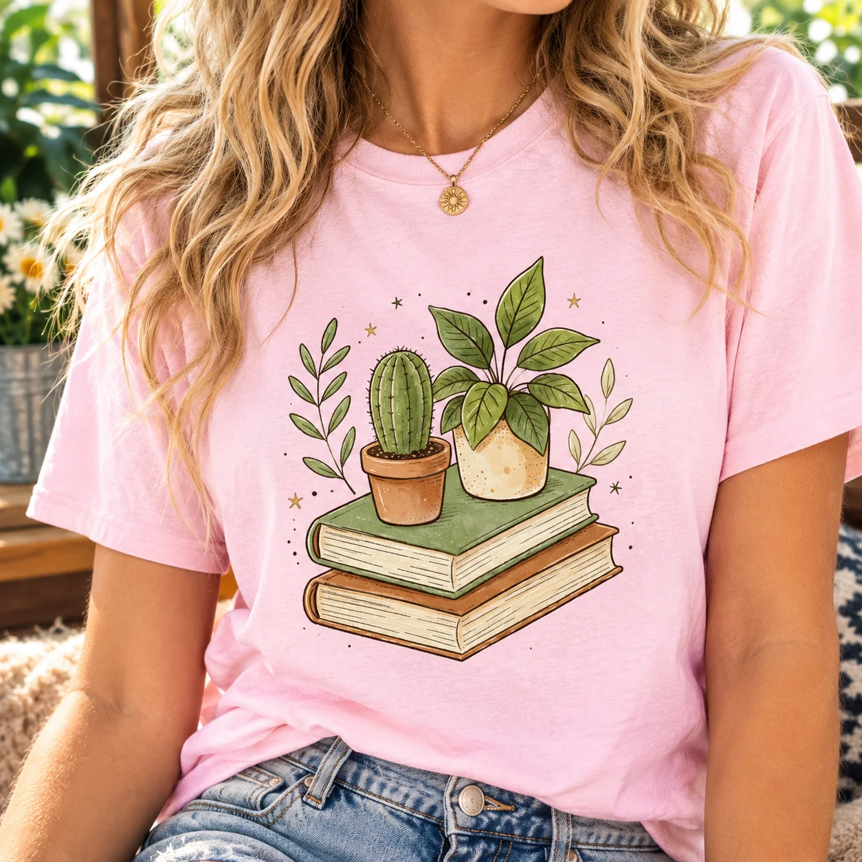 Women Botanical Plant T Shirt Cute Cactus Books Graphic Short Sleeve Casual Summer Tee Aesthetic Nature Streetwear Top