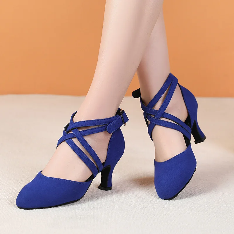 Ladies' Dance Shoes Double Crossed Striped Mid Heeled Dance Shoes Suede Leather Soles Latin Dance Shoes Women's Dance Shoes