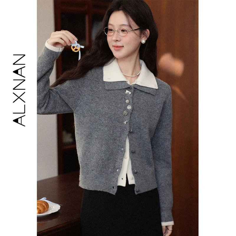 سترة شتوية نسائية من ALXNAN سترة شتوية رمادية اللون مكونة من قطعتين سترة دافئة غير رسمية فضفاضة بأزرار أنيقة وأكمام طويلة سترة نسائية متماسكة L59709 #2