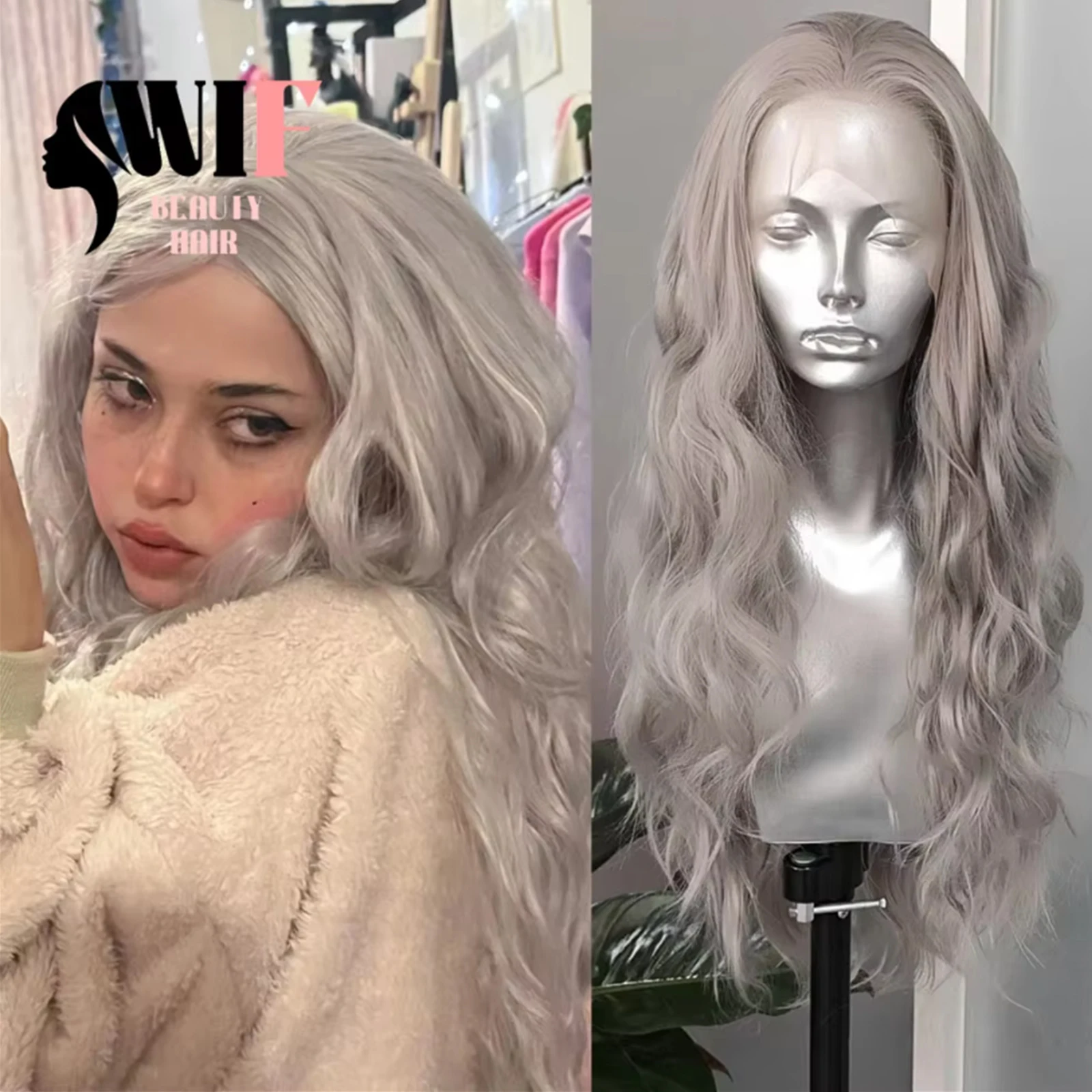 WIF Sliver Gray Hair Long Wave Lace Front Wig Middle Part Loose Wavy Grey Color Synthetic Lace Wigs Daily Cosplay Use Fiber Hair
