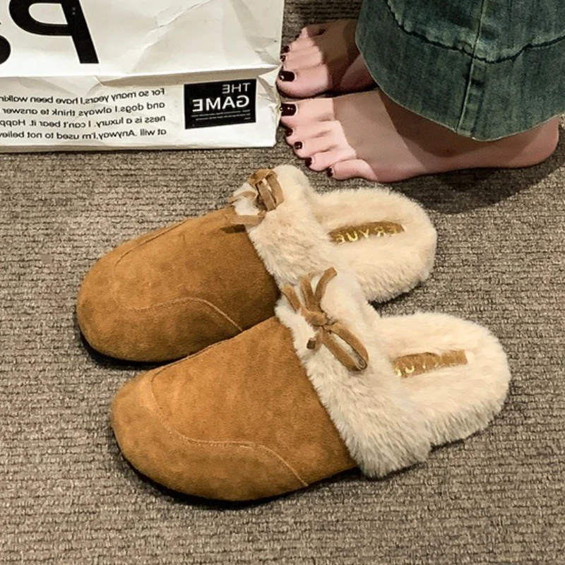 

Furry Women's Cotton Slippers Bow Short Plush Mules Shoes Fashion Winter Home Flip Flops 2025 Comfort Dress Snow Ladies Boots