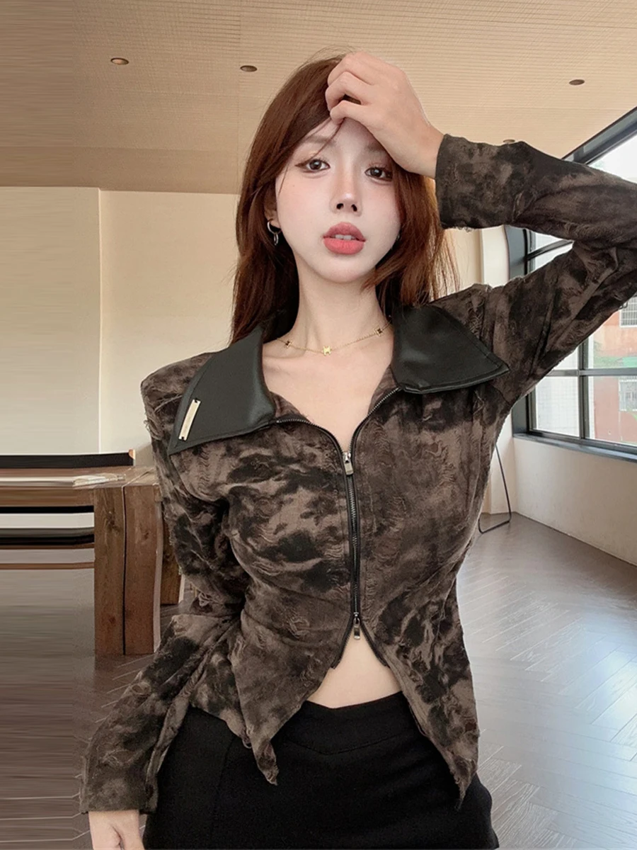 Retro Sexy Long Sleeve PU Leather Collar Gradient Hole Shirt Waist Inward Slimming Split Personality Top for Young Women