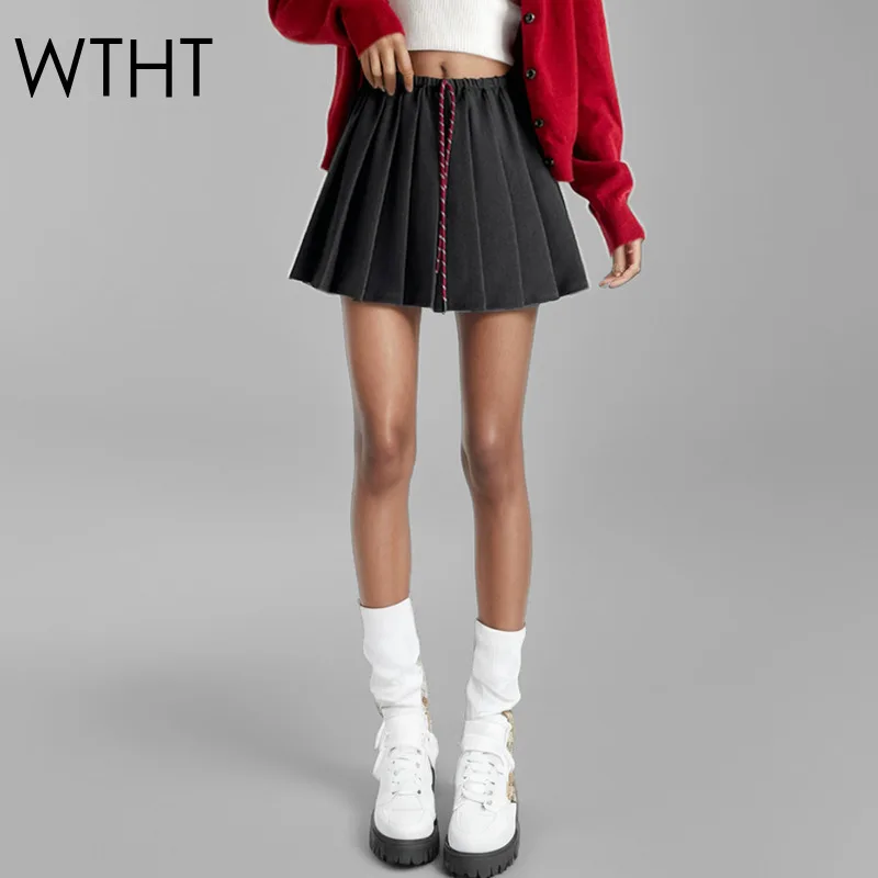 

WTHT, новая мода, весна 2024, женские полосатые плиссированные юбки с завязками, модная юбка трапециевидной формы с высокой талией, женская 1LS853