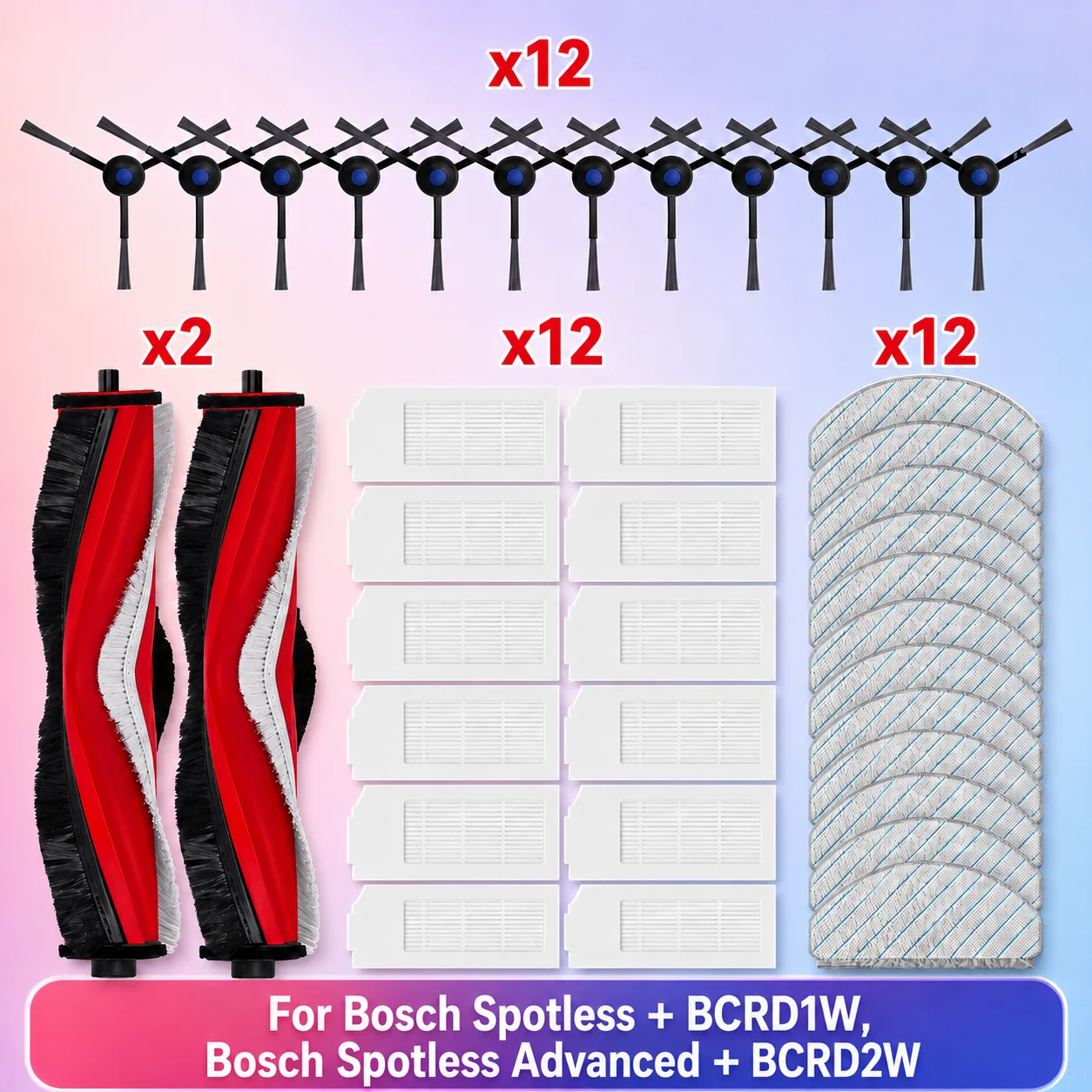 Kompatibel mit ( Bosch Spotless + BCRD1W/ Spotless Advanced + BCRD2W ) Staubsaugerteile Hauptbürste Seitenbürste HEPA-Filter Wischtuch Zubehör