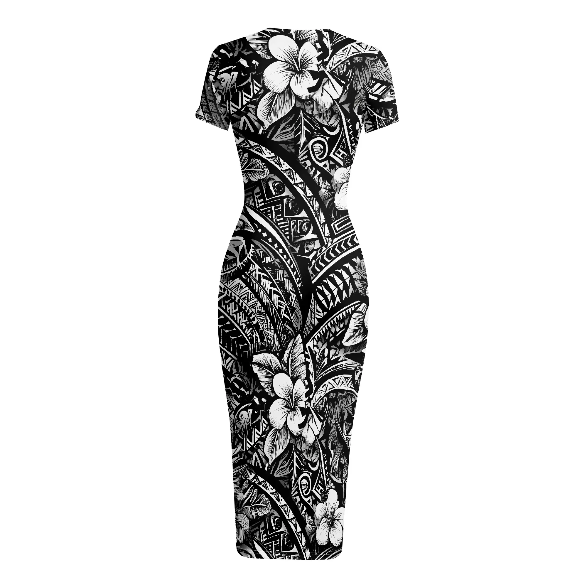 Black Floral Print Dress, Short Sleeve Bodycon Midi Dress, Tropical Pattern Summer Outfit, Casual Beach Party Wear, S-2XL