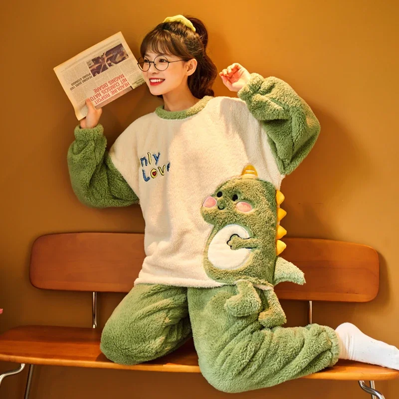 Couples Pajamas Women Men Sleepwear Winter Thicken Suit Cartoon dinosaur Pijamas Sets Soft Warm Korean Pyjama Femme Lovers Set