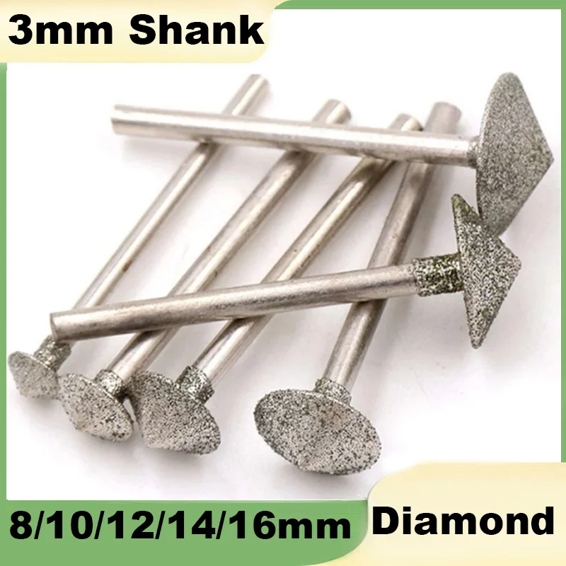 3mm Shank Conical Umbrella Shape Diamond Grinding Drill Bits 8/10/12/14/16mm Jade Carving Deburring Rotary Kits Tool
