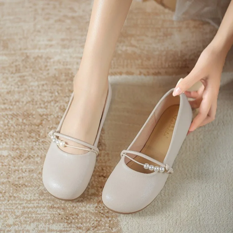 Fashion Pearl Detail Strap Ballet Flats Women Elegant Round Toe Mary Jane Shoes Comfortable Shallow Soft-Sole Casual Office Shoe