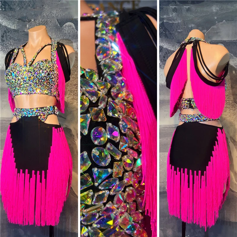 Latin Dance AB Stone Female Adult Children High end Customized Rose Red Split Wave Dynamic Black Pool Samba Performance Dress