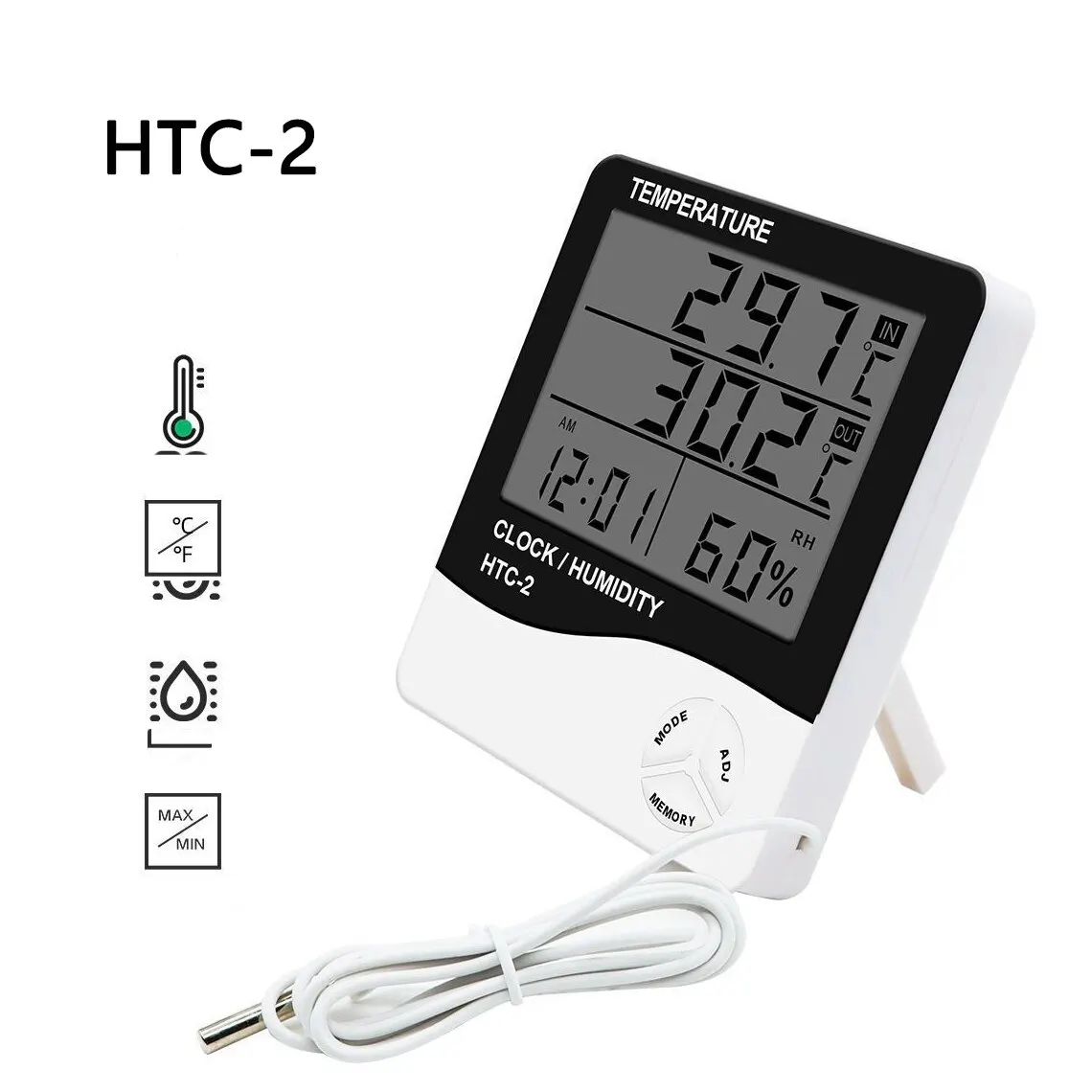 LCD Cyfrowy Miernik Wilgotności Temperatury HTC-2 Domowy Higrometr Zewnętrzny Termometr Stacja Pogodowa z Zegarem