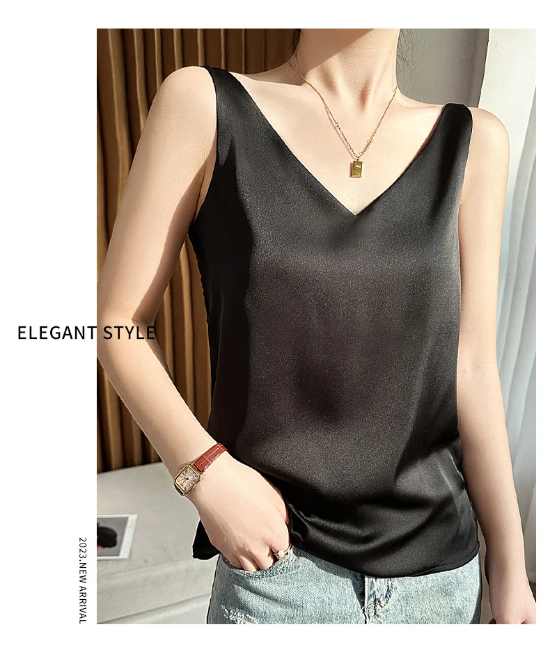 Seidensatin-Damen-Tanktop mit doppelter Schulterpartie, V-Ausschnitt, ärmelloses Top, T-Shirt, elegantes Crop-Top, solide, lässig, Basic, 2025, Sommer – Detail 34