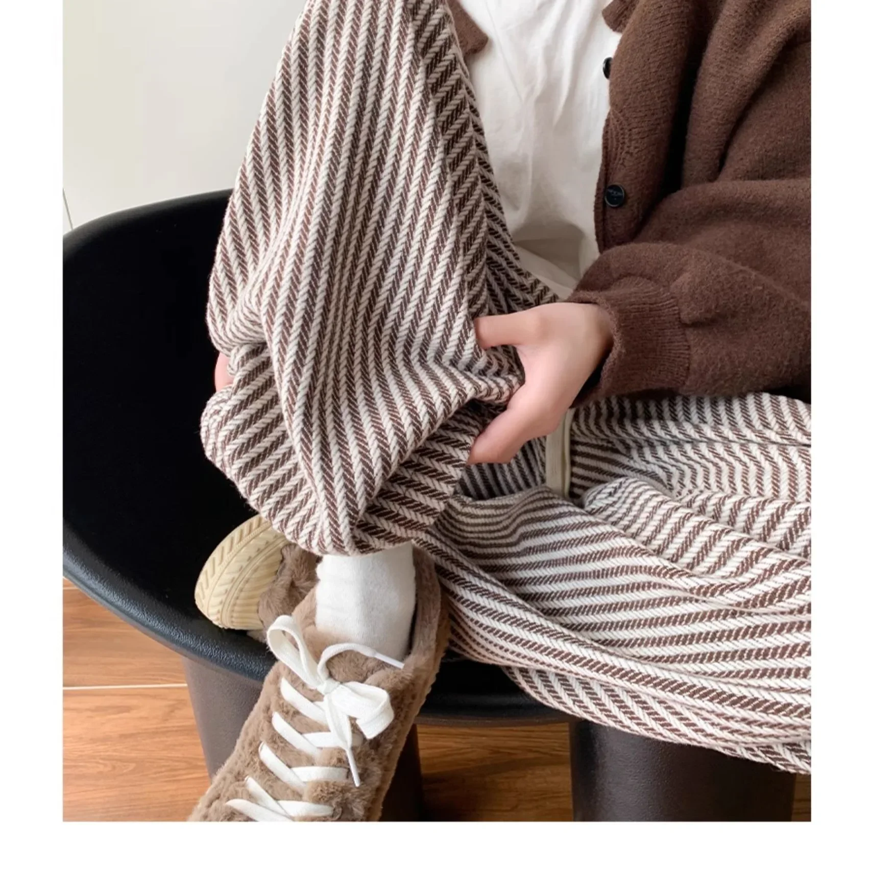 الكاكي العمودي مخطط السراويل الصوفية المرأة ربيع الخريف جديد الكورية نمط الرجعية مستقيم الساق الطابق طول مرونة الخصر واسعة