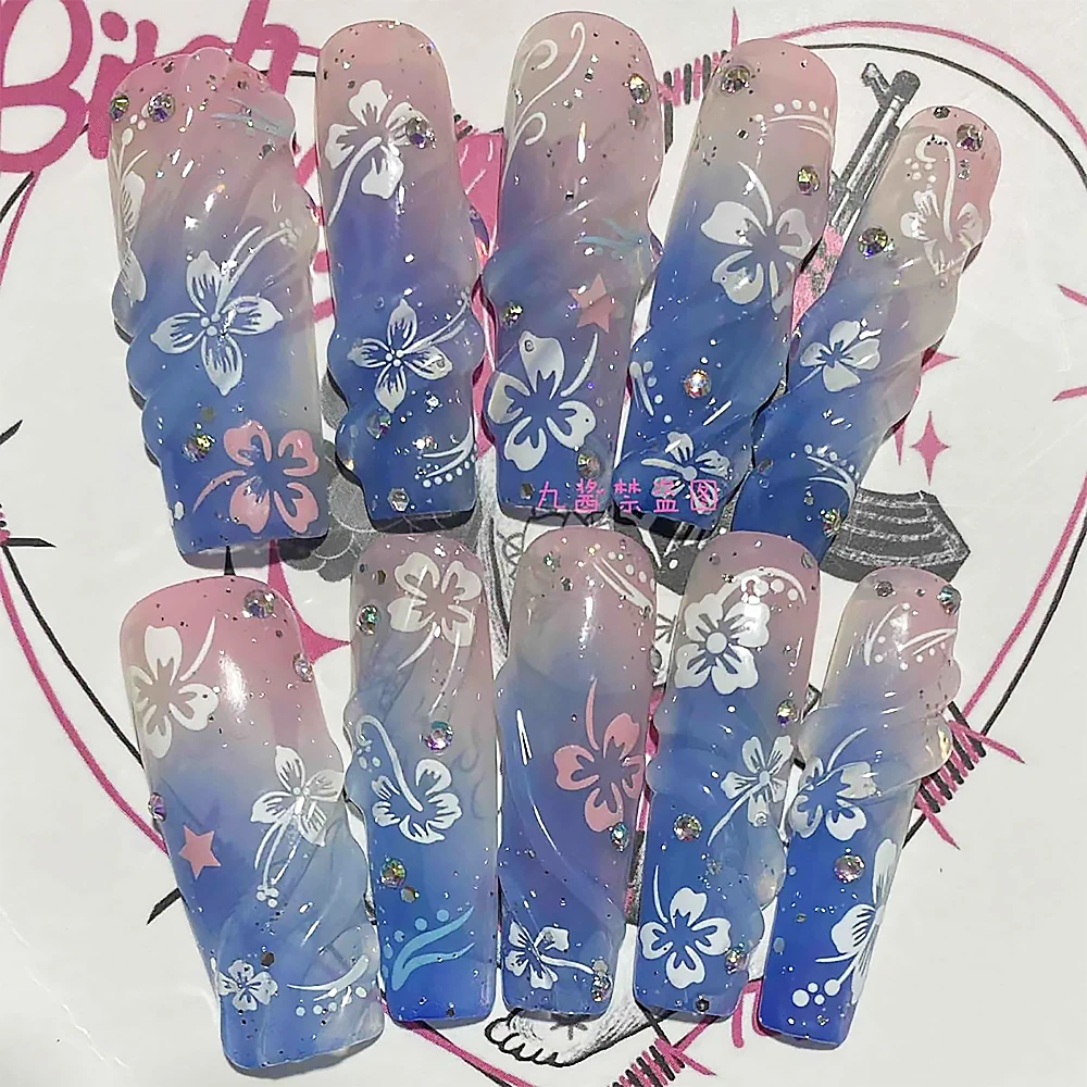 Y2K Spice Girl Handmade Long Rectangle Full Cover Nail Tips Water Ripple Gradient Flower Blue Gradient Wearable Press On Nails