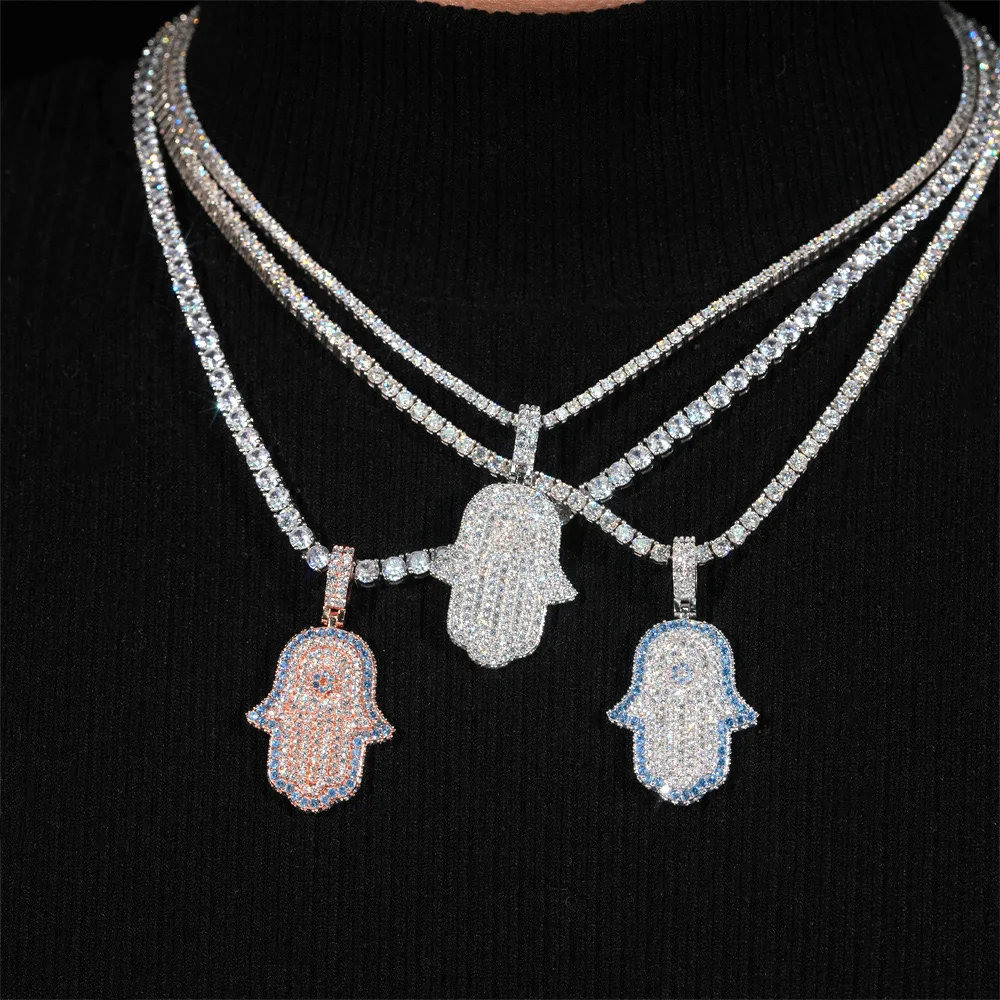 Iced Bling 5a Zircon Hamsa Pendant 925 Sterling Silver Hiphop Rock Fatima Hand Necklaces Women Men  with Rope Chain Wholesale