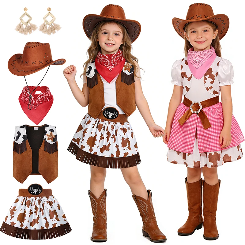 Retro Western Cowgirl Girls Outfits Western Cow Print Kids Dress Halloween Cosplay Birthday Party Festival Children's Costume