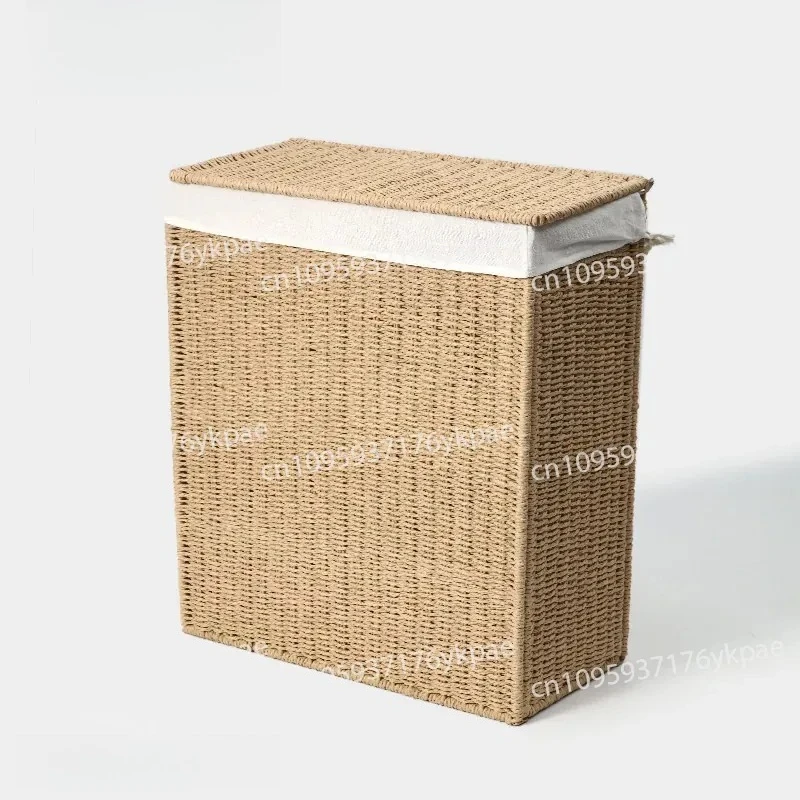 Handmade Paper Rope Woven Dirty Laundry Basket with Lid Handle, Dust-proof, Removable Inner Lining, Heightened Folding