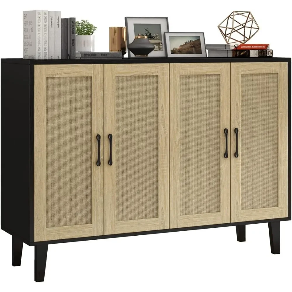 Armário Buffet com Decoração Rattan, 4 Portas, Sala e Aparador de Cozinha, 48,43x34,65x15 in