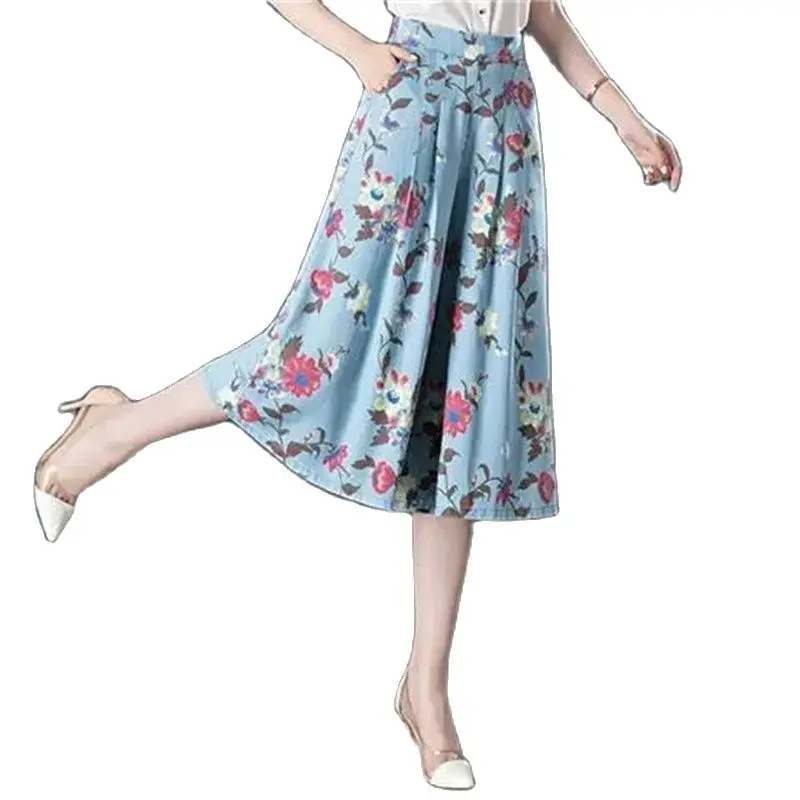 

Summer 2023 Elastic Waist Thin Loose Wide-Leg Pants Women Cropped Pants With High Waist Drooping Feet Skirt Pants Ladies Pants