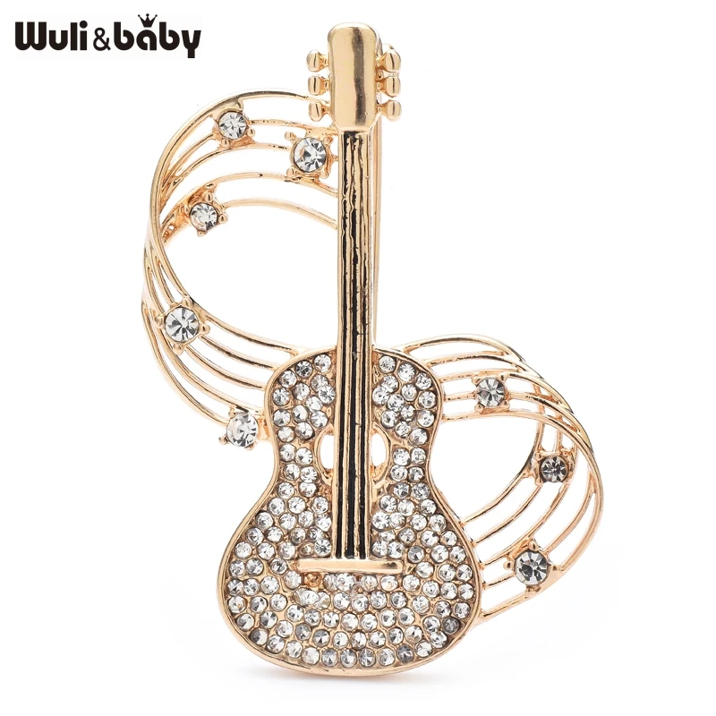 Wuli&baby Pretty Musical And Violin Brooches For Women Unisex 2-color Rhinestone Guitar Brooch Pins Gifts