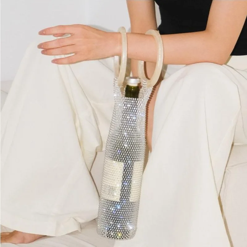 Luxury Rhinestone Wine Gift Bag Premium Czech Crystal Handheld Present Pouch Hand Woven Elegant Packaging for Holiday Gifting