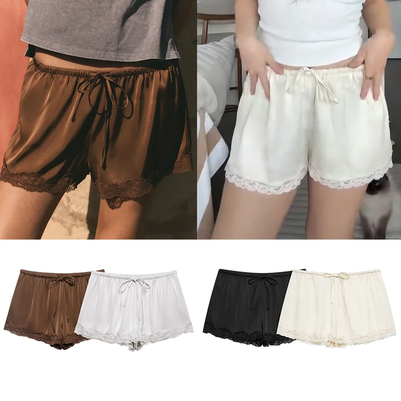 Guobioziy Spring Summer Women Elastic Waist Lace Trim Satin Mini Shorts Drawstring Tie Casual Lounge Bottoms