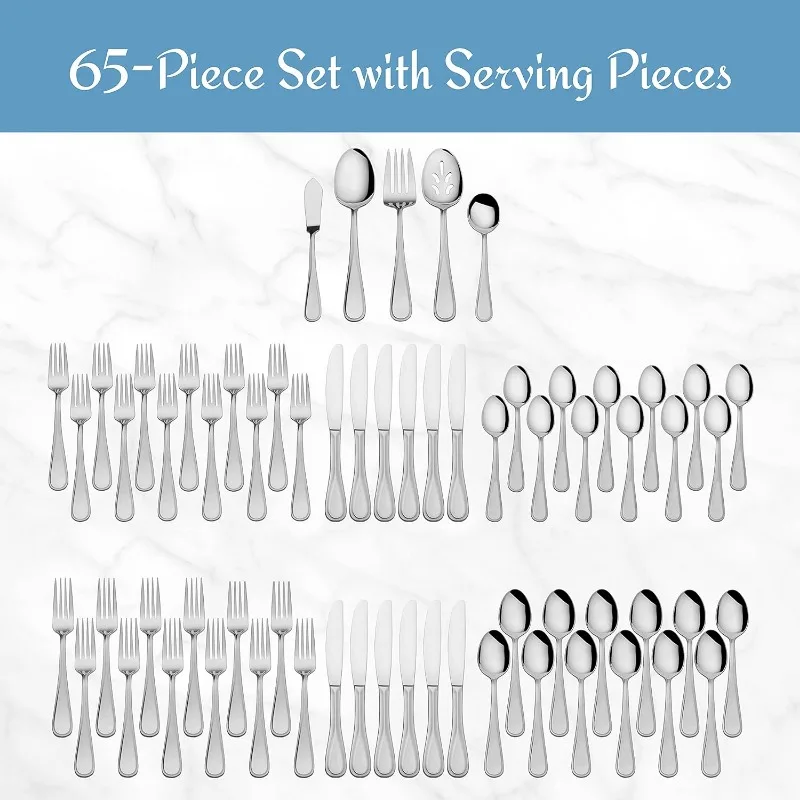 Bravo Flatware Service for 12, 65 Piece Set, 18/10 Stainless Steel, Silverware Set with Serving Utensils