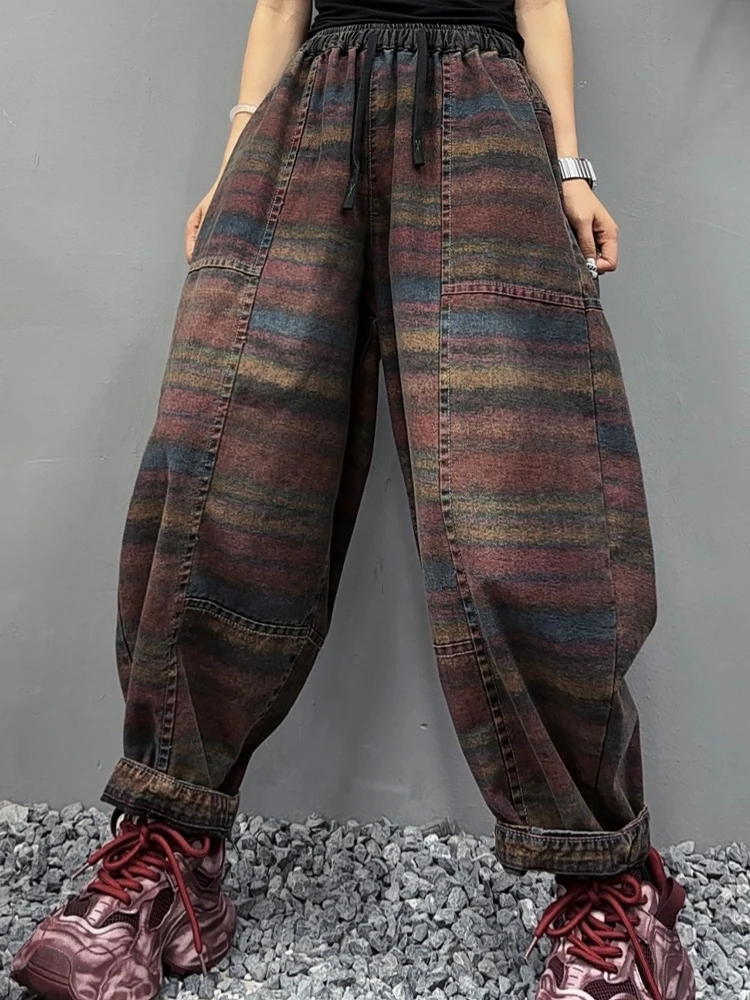 Amax LuluE الخريف الكورية جينز غير رسمي المرأة الكلاسيكية مخطط موضة خمر الدنيم السراويل السيدات فضفاضة مرونة الخصر الحريم بنطلون