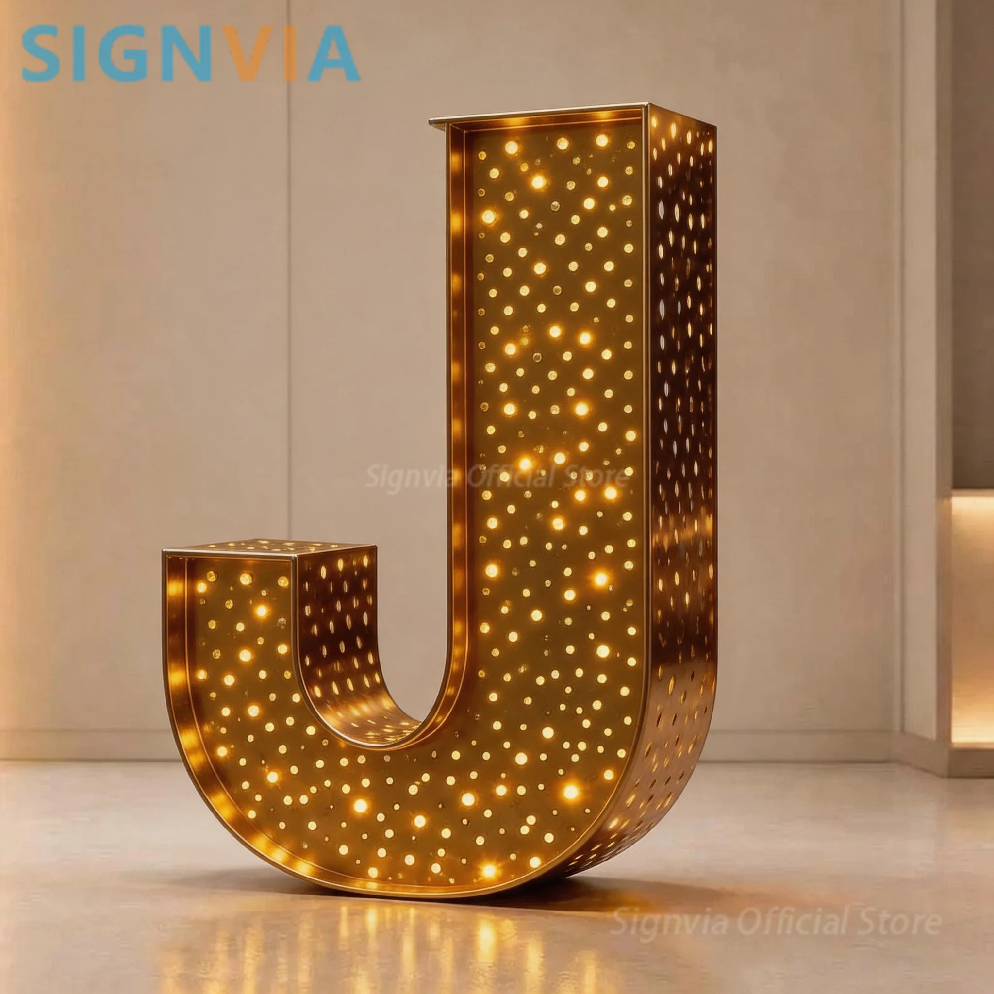 Custom Freestanding 3D Perforated Metal LED Letters, Juice Bar Golden Illuminated Channel Sign, Business Advertising Sign