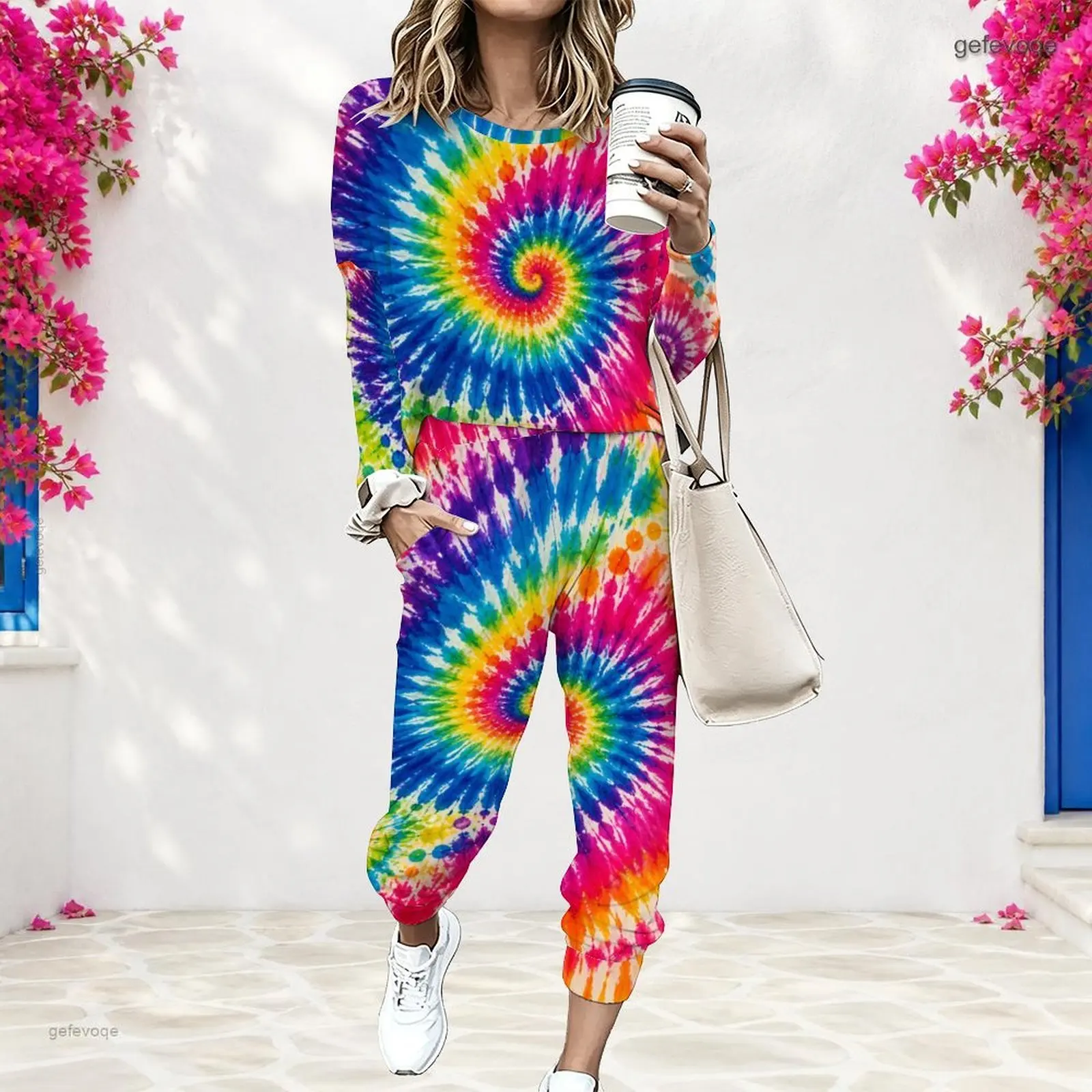 Printed Pants Set for Women Round Neck Long Sleeve Cuffed Top Cuffed Pants Two Piece