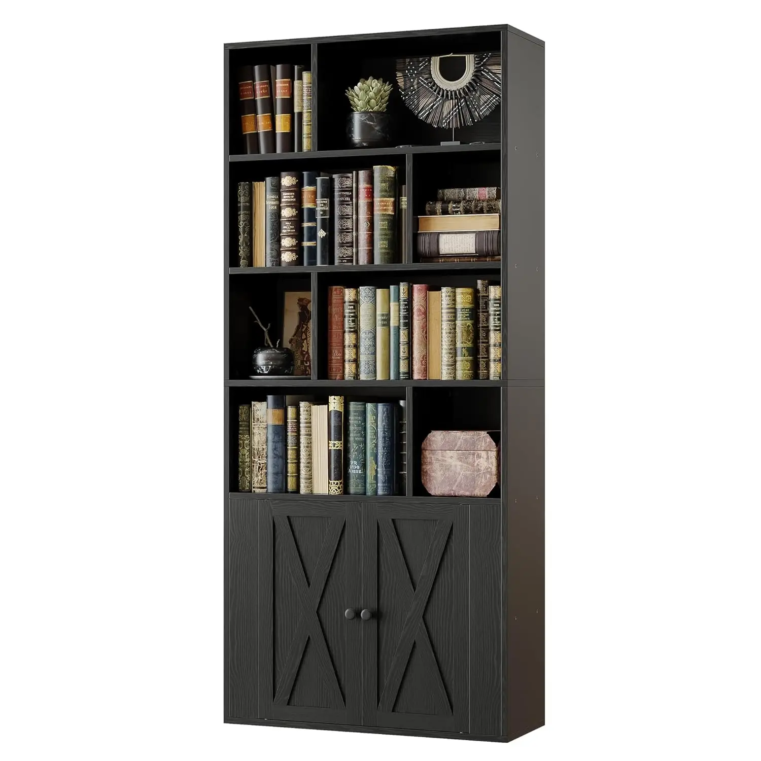 4-Tier Bookcase with Doors Tall Storage Shelf 8 Open Cubes Display Cabinet Living Room Office, Customized