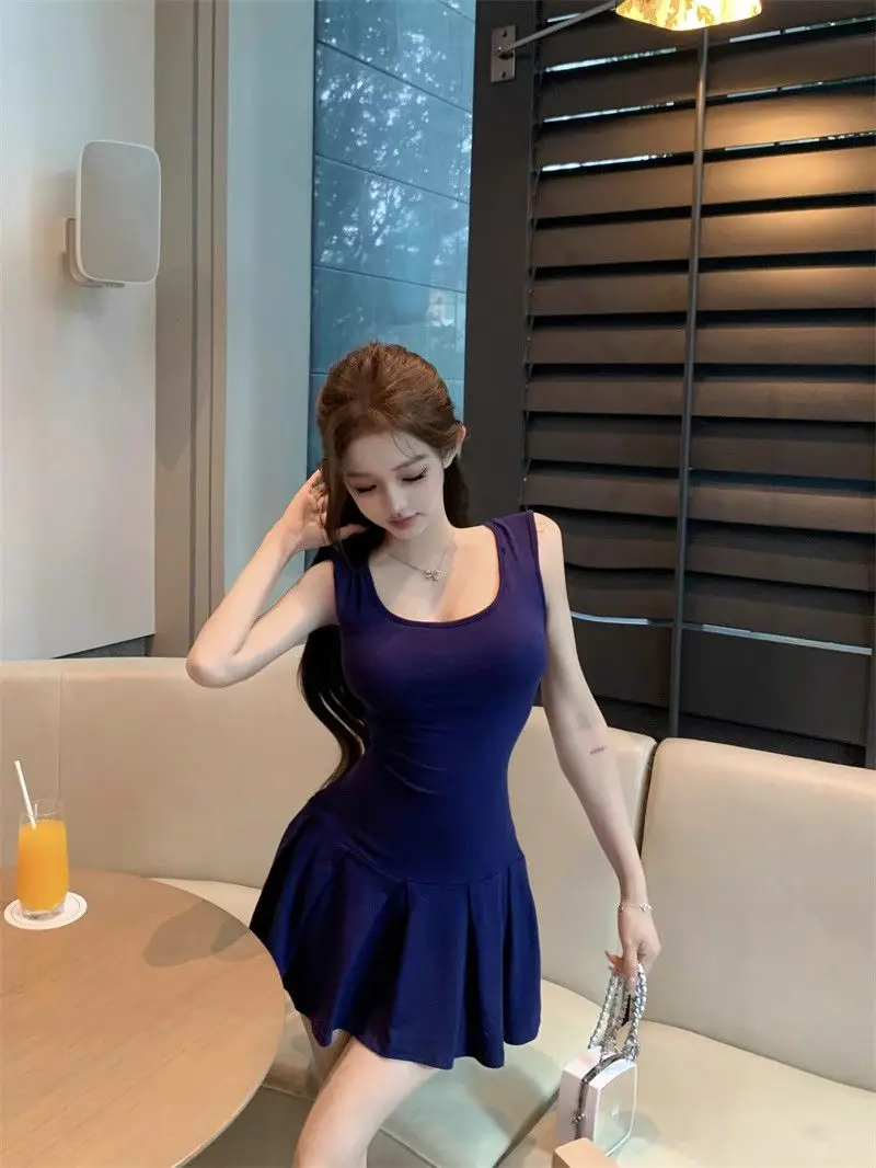 Robes sans manches pour femmes, bleu, printemps, Satin, encolure carrée, brodé, plissé, couches, Style français, pique-nique, doux, Unique, fluide