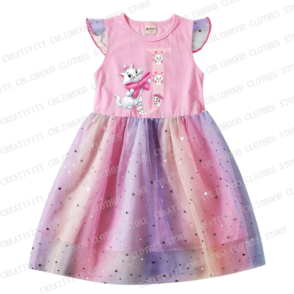 The Aristocats Girl Disney Marie Cat Dress Letters ABCD Print bambini ragazze Princess Kid Cartoons abbigliamento Casual abiti di garza