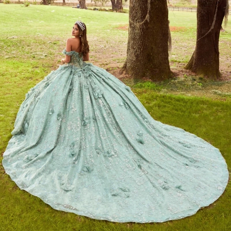 Luxury Sage Green Quinceanera Dresses Ball Gown Charming Sequin Lace Beaded Flower Off Shoulder Sweet 16 Dress Lace-up Vestidos