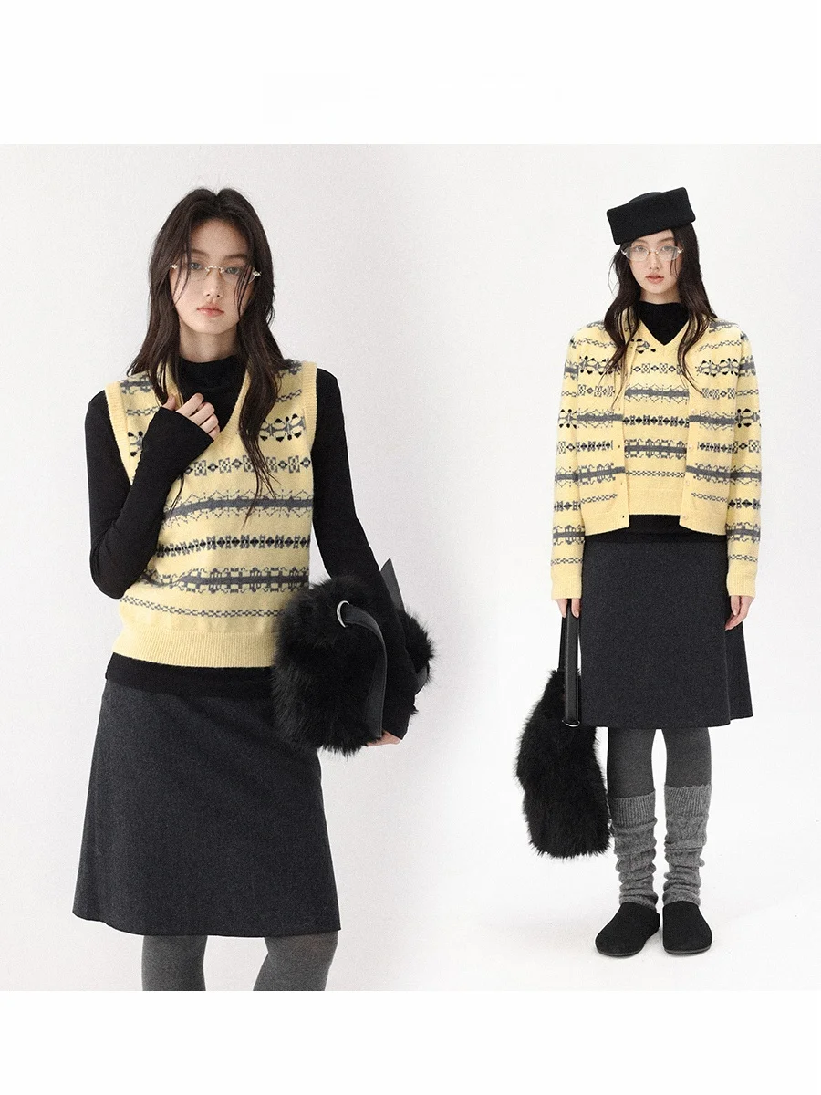 

Комплект CHACHA: осенне-зимний вязаный кардиган с V-образным вырезом в стиле Fair Isle, ретро-кардиган с цветными блоками и круглым вырезом, маленький жилет, женская модная одежда