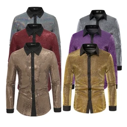 2024 New Fashionable Simple Shining Gold Plated Mens Shirts, Sequin Flip Collar Long Sleeve Color Blocked Camisa, Eur Size S-2XL