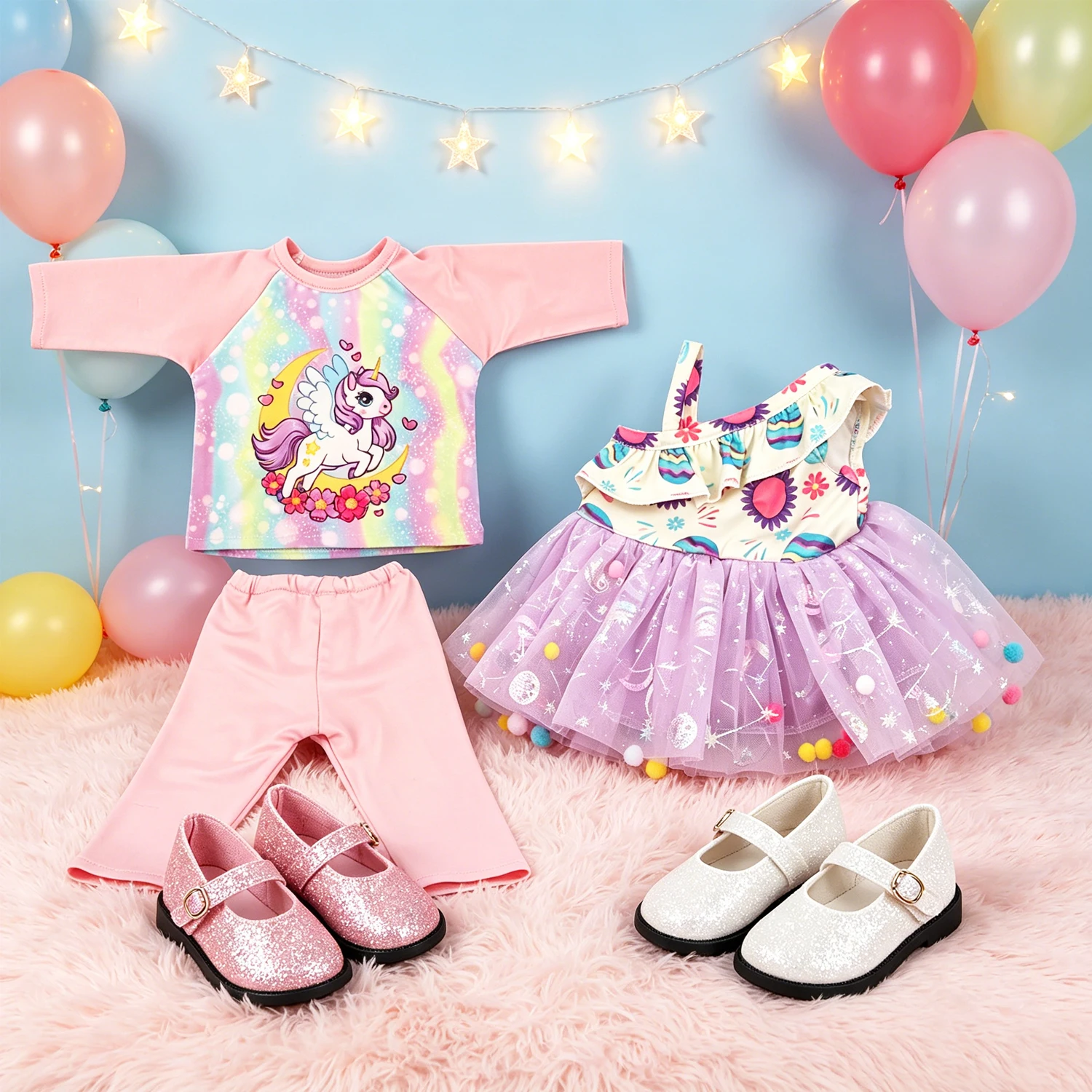 

18-inch American Doll & 43cm Baby Newborn Doll Tulle Ball Dress + Pink Unicorn Pajamas + 2 Pairs Leather Shoes Set For OG Dolls