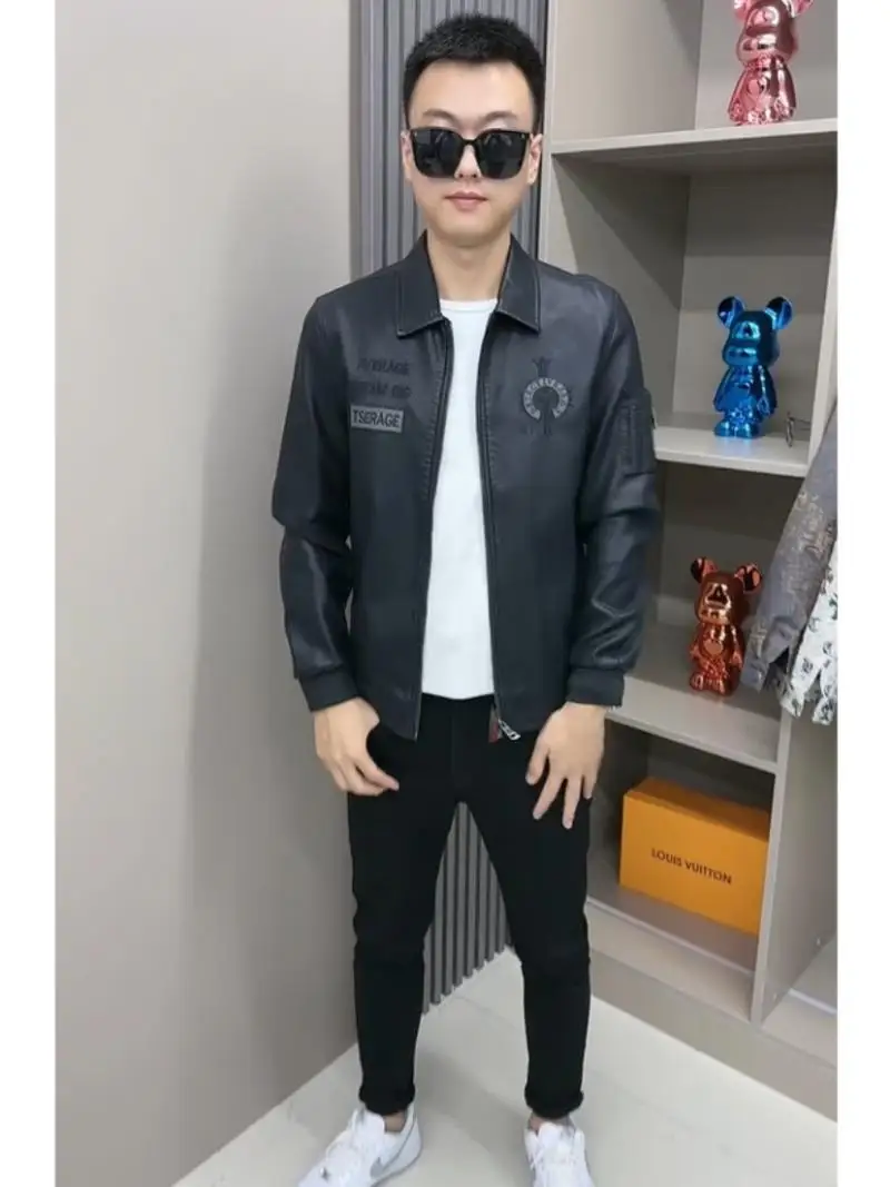 

Faionable Men's Leather Jaet Autumn New Sle Simple Korean Version Embroidered ular Soft Wear Resistant Color Coat