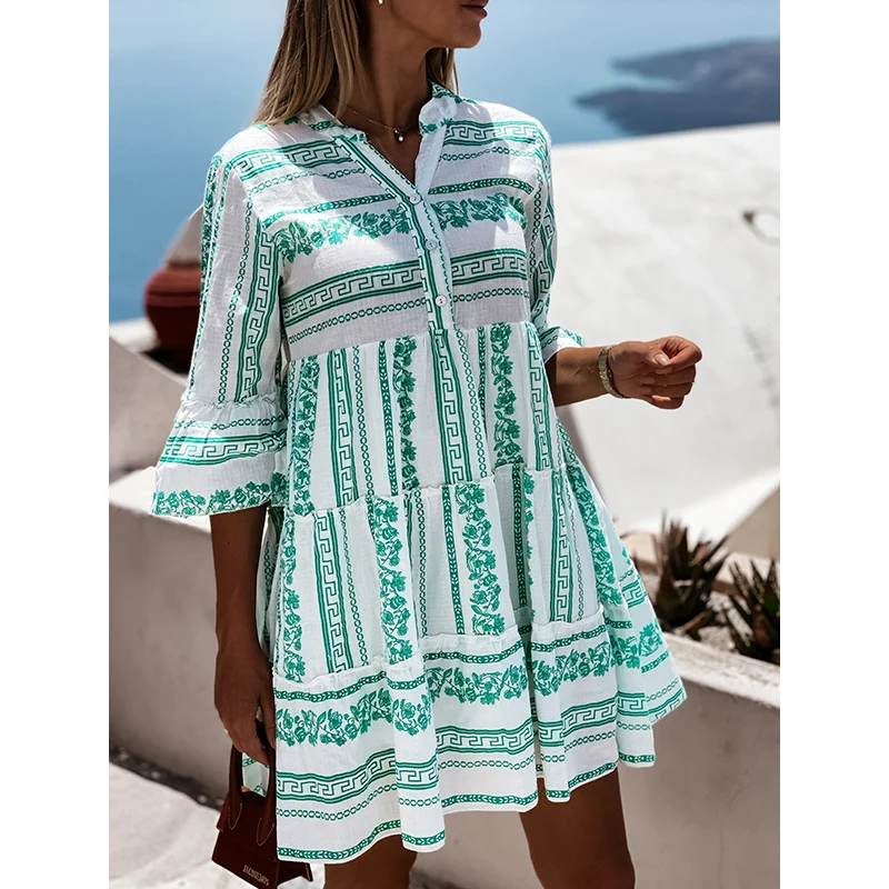 

Women's Mid-Sleeve Dress V-Neck Loose Printed Pullover Dresses Temperament Commuter Fashion Dress Female Summer Clothing New