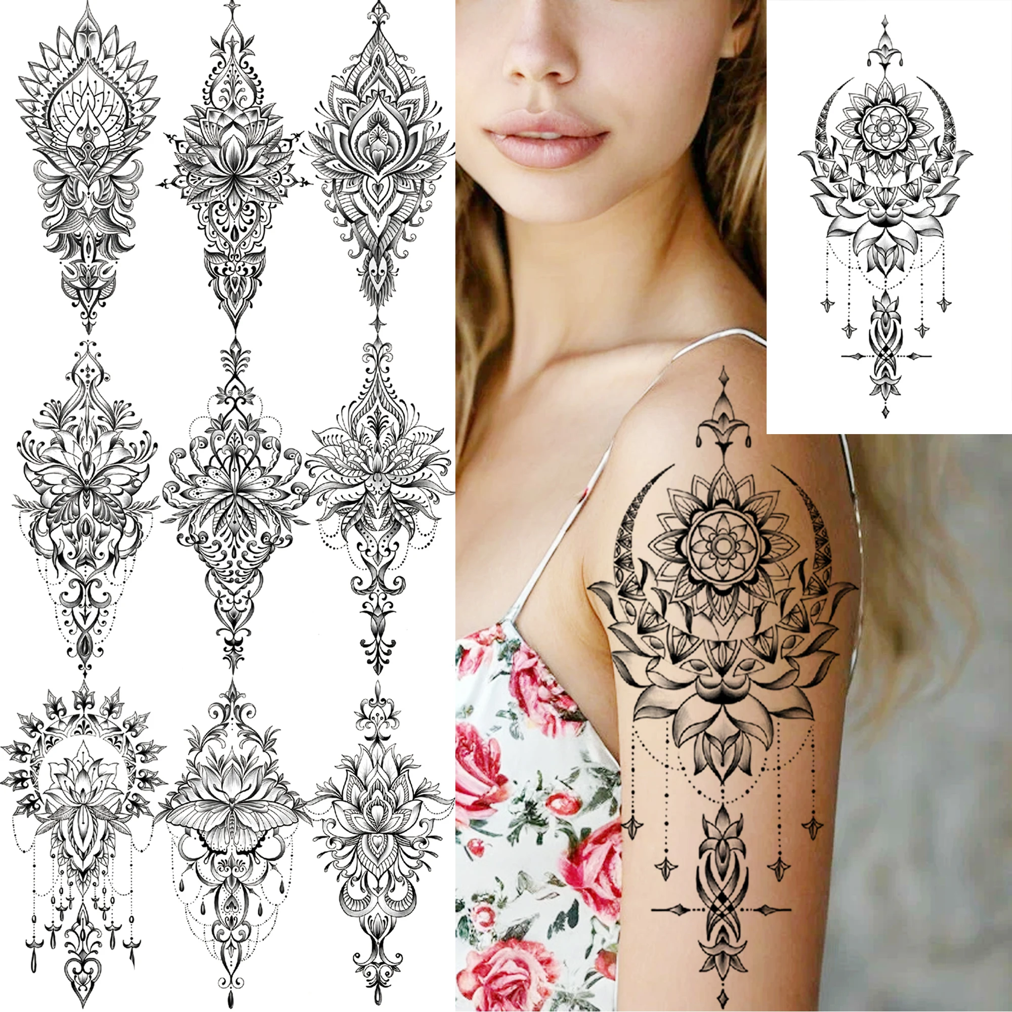 

1 лист, черная хна, мандала, поддельные драгоценности, временные татуировки на рукавах для женщин и девочек, предплечье, талии, груди, спины, татуировки, наклейка